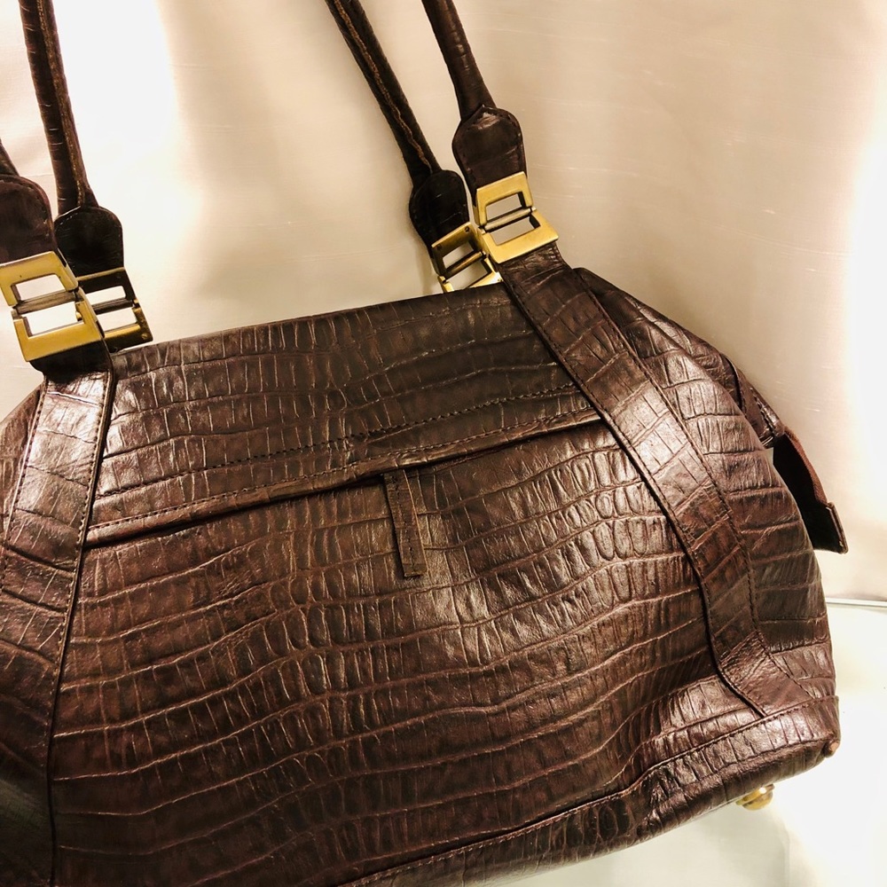 Embossed crocodile brown leather bag